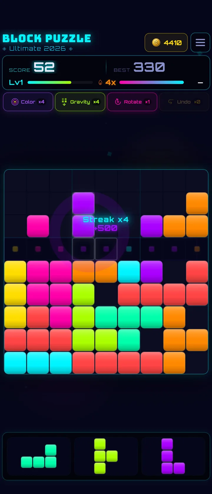 Block Puzzle Ultimate gameplay — clearing lines with neon combos