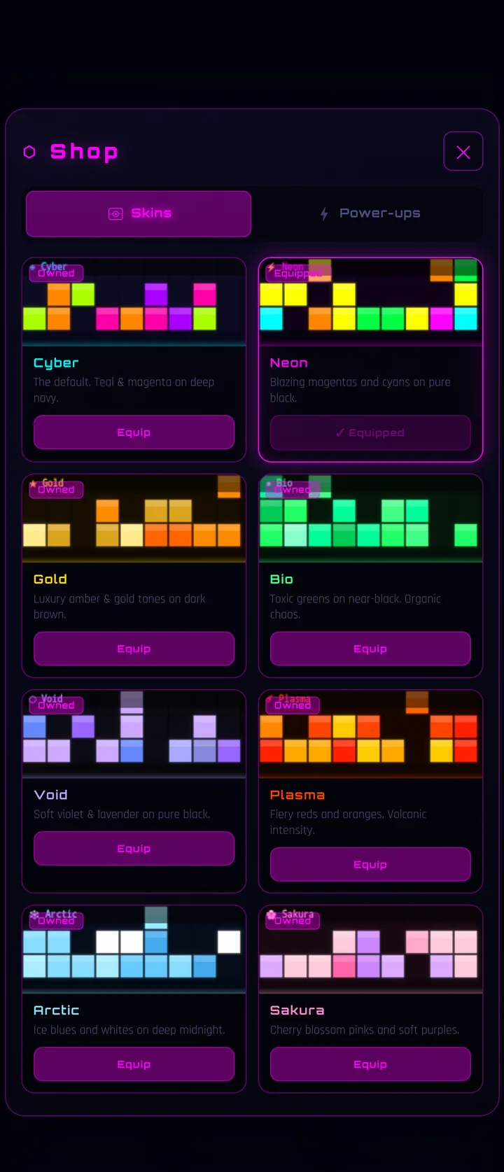 Block Puzzle Ultimate skins shop — eight neon themes